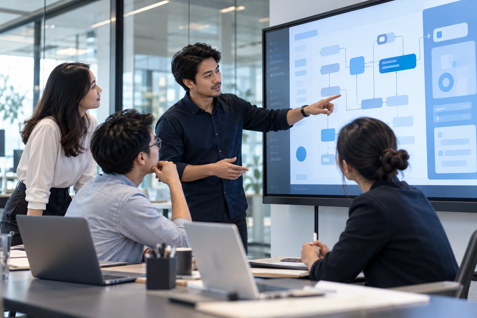 Software product team planning a business workflow on a large display